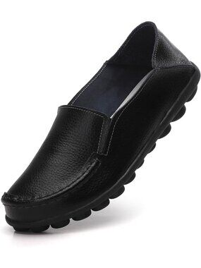 Women's Black Leather Loafers Slip On Comfortable Walking Driving Flats Shoes